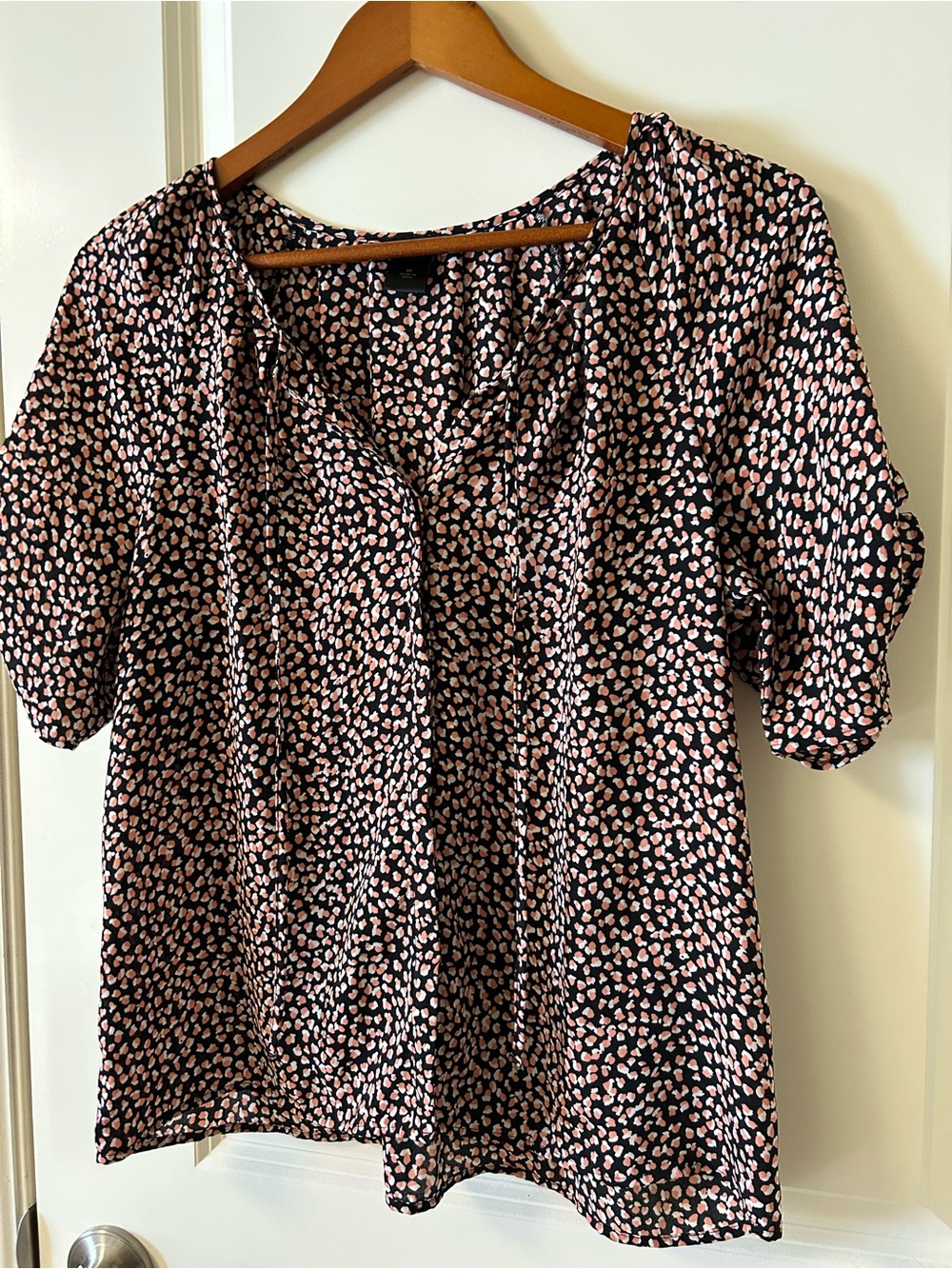 Ann Taylor Factory Black Blouse with light Pink Spot Print